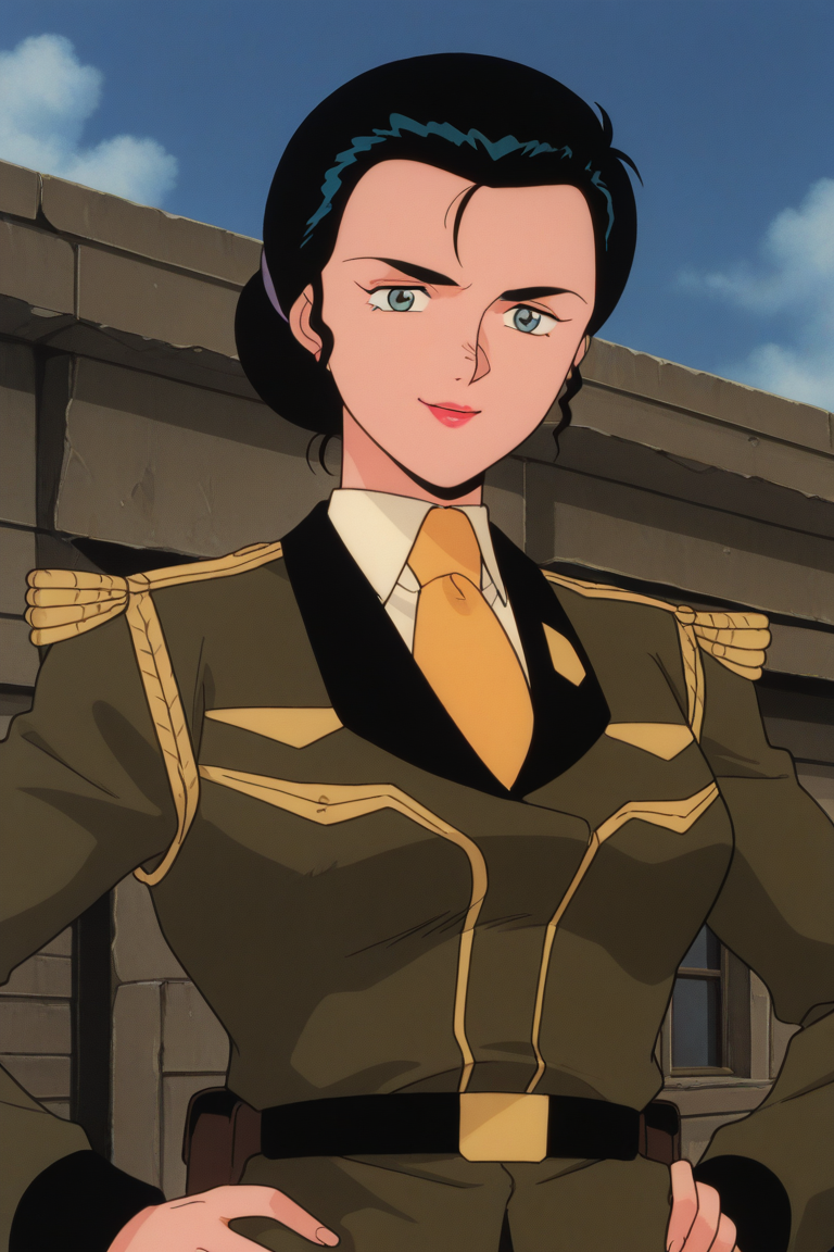 masterpiece, best quality, source_anime,official art,perfect_anatomy,1990s_\(style\),retro_artstyle,1girl,lupe_cineau,black hair,single hair bun,lipstick,makeup,uniform,military uniform,(beautiful detailed face,looking_at_viewer,evil_smile),hands_on_hip,upper body,day,outdoors,blue_sky,cloud