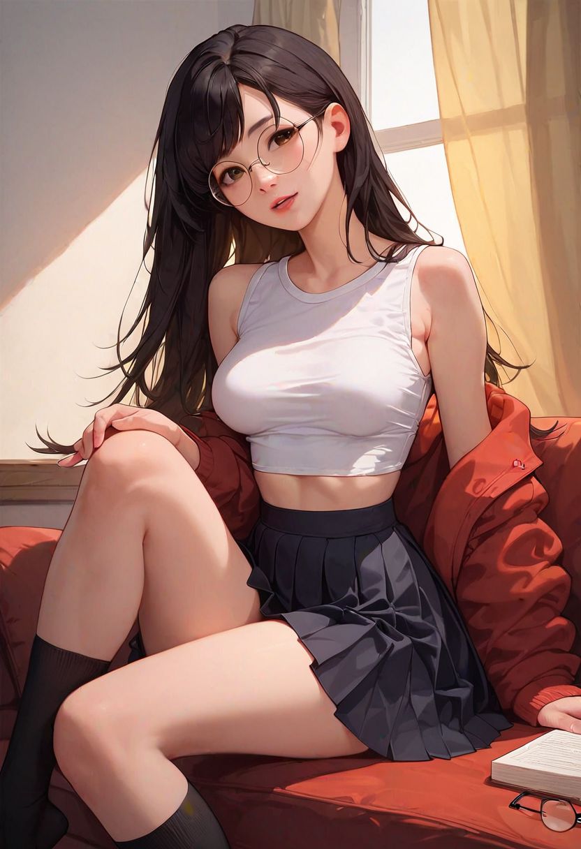 score_9, score_8_up, score_7_up, score_6_up, rating_questionable, 1girl, solo, asian, korean, clear eyes, brown eyes, black hair, long hair, round glasses, black stockings, medium breasts, looking at viewer, white crop top, black skirt, black pleated skirt