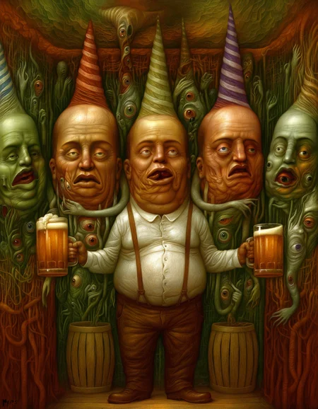 artist: chris mars, good quality, best quality, highres, masterpiece, painterly, western artwork, surreal, surrealism, colorful,
fat man with conjoined twin heads. multiple eyes, body horror, highly detailed human physique, (detailed:1.2), intricate composition, holding a beer mug, ambient atmospheric lighting, big smiles, expressions, room interior, claustrophobia, suspenders, brown pants, bobbin hat, <lora:Melancholy illustrious:0.7>,