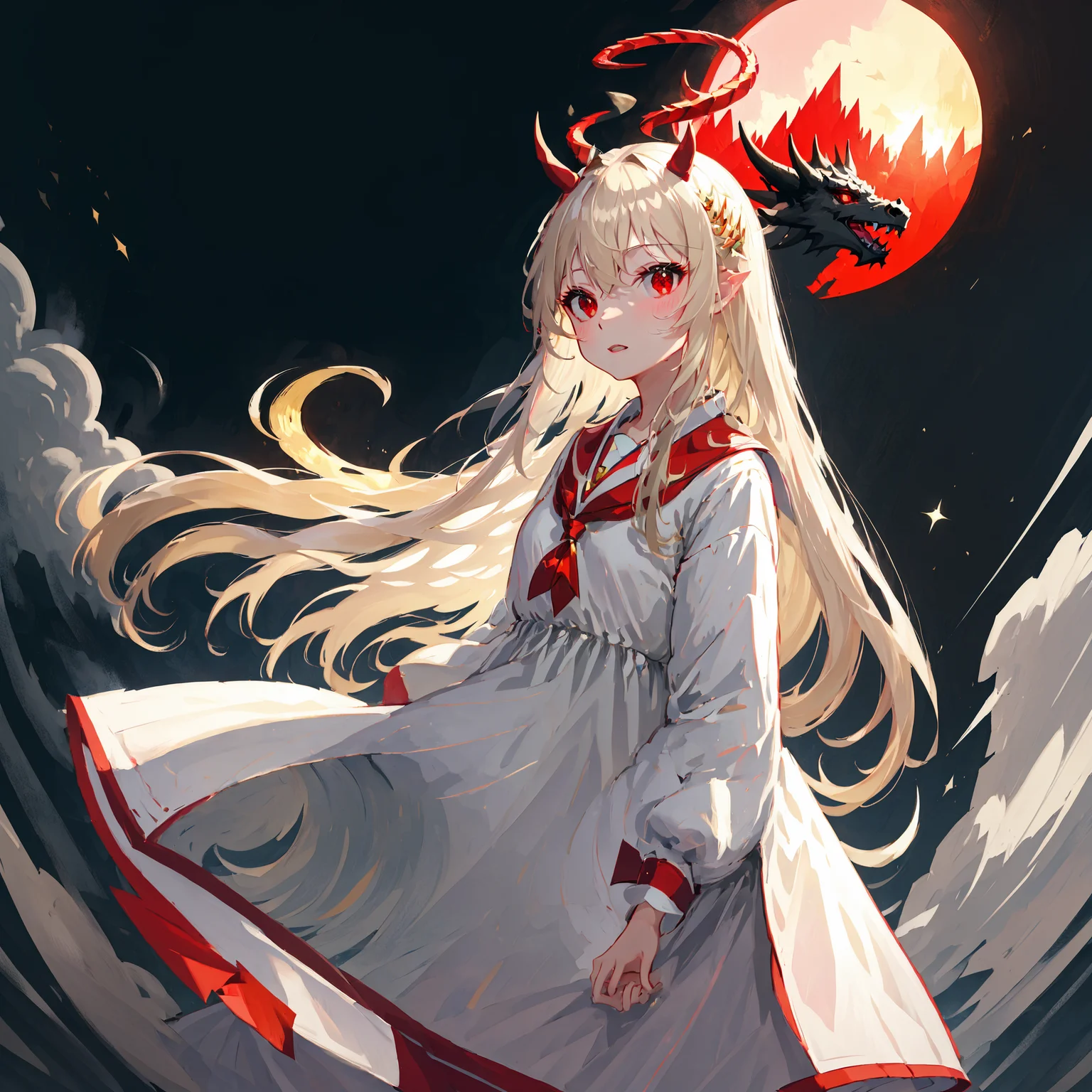 best quality,masterpiece,simple_background,1girl,solo,monster girl,full body,(Light Pink Skin),halo,(antlers:1.2), crown,jewelry,cheongsam dress,blonde hair,long hair,red eyes,(dragon Scales on the body:1.2),Standing on a cloud,She clenched her fists and prayed, <lora:last:1>