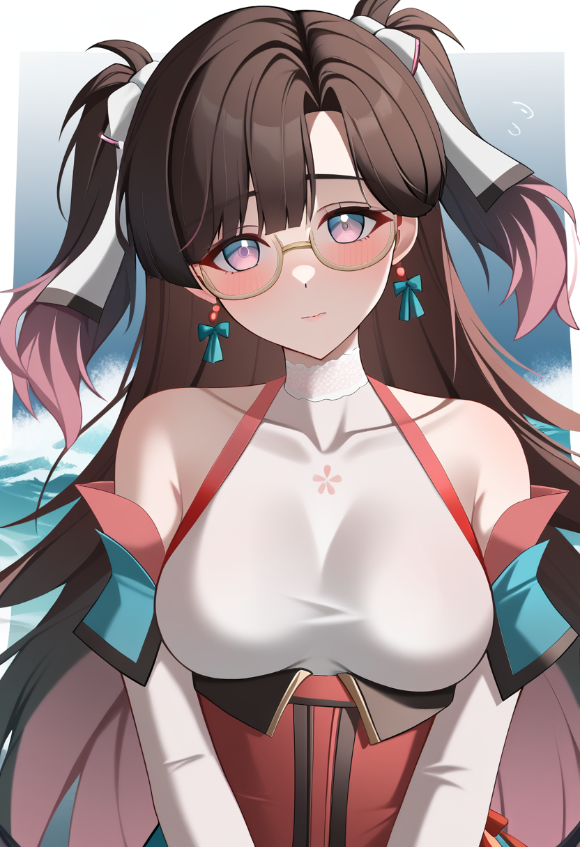 <lora:zhezhi_(wuthering_waves):1>,zhezhi_(wuthering_waves), upper_body, bare_shoulders, closed_mouth, earrings, medium_breasts, looking_at_viewer, dress, detached_sleeves, blush, 1girl, hair_ribbon, glasses, solo