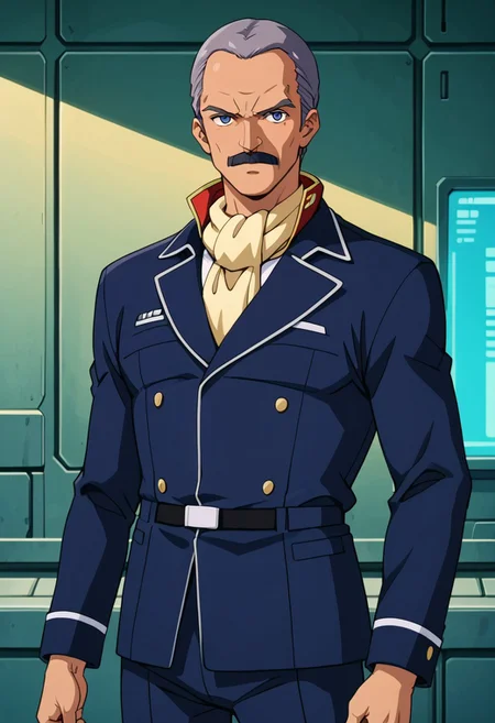 score_9, score_8_up, score_7_up, source_anime, cowboy shot, front view, BREAK, ( hardie_steiner, grey eyes, grey hair, moustache, looking at viewer, serious expression, mouth slightly open, blue zeon suit, pale yellow scarf, ) 1boy, male focus, solo, BREAK, futuristic office, zeon symbol on wall, control panel, cabinet, digital panels, detailed futuristic wall,