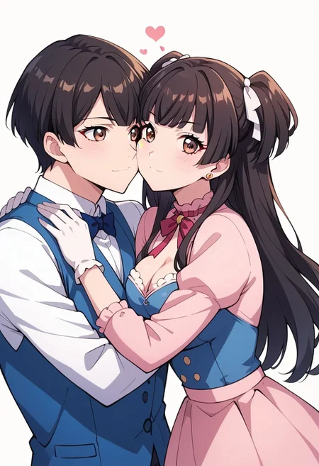 Masterpiece, Highest Quality, Ultra Detailed, High Resolution, Score_9, Score_8_up, Score_7_up, source_anime. anime style. masterpiece, highres, absurdres. Best resolution. Good anatomy.
mayuzumi fuyuko, 1girl, gloves, black hair, two side up, brown eyes. idoloutfit
1girl, 1boy. rubbing cheek to cheek. pressed cheeks
