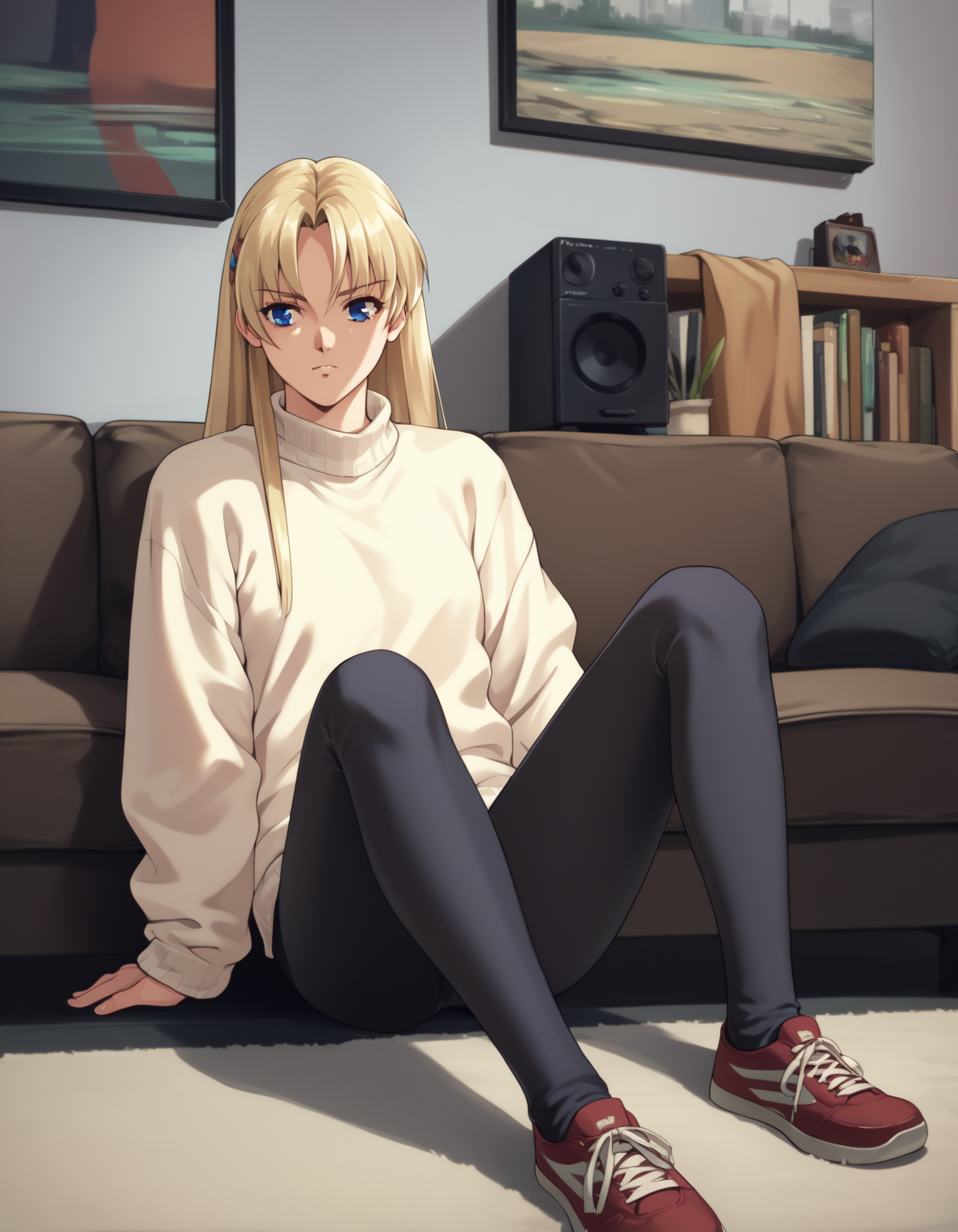 score_9,  score_8_up, score_7_up, source_anime
<lora:sharon-ponyxl-000011:1>
1girl, wwsharon, sweater, leggings, blonde hair, blue eyes, TV, sitting, on couch, messy room