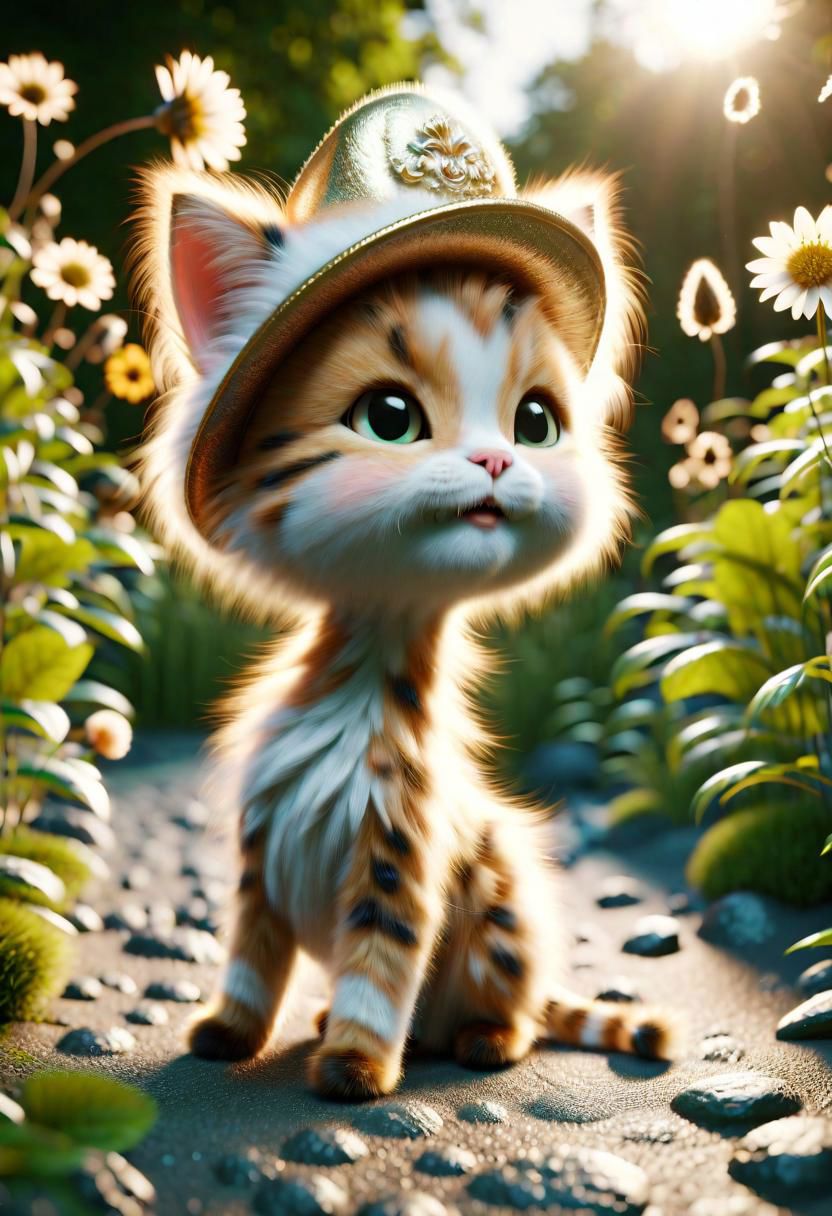 ral-fluff,<lora:ral-fluff:1>,
chibi,masterpiece,best quality,original,official art,metallic cat,hat,flower,blurry background,rendering,beautiful detailed glow,(detailed ice),beautiful detailed water,sunny, blurred flower, happy,grin