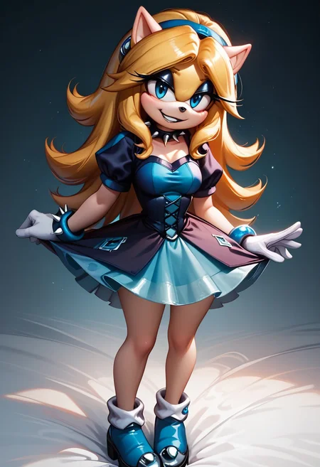 score_9, score_8_up, score_7_up, score_6_up, g0thicPXL, 1girl, 1girl, solo, goth girl, maria_robotnik, sonic_(series), hedgehog_girl, eyeliner, eyeshadow, blue eyes, long blond hair, blue_hairband, black lips, seductive smile, pretty face, spiked collar, white_gloves, blue_dress, medium skirt, shoes, blue_footwear, sexy pose, smile, grin, cute, sexy pose, lewd expression, wide hips, medium breasts, standing, biting one of her nails.
