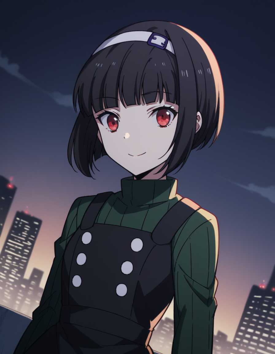 score_9, score_8_up, score_7_up, source_anime,
fumiyakuroba, <lora:fumiya-kuroba-s2-ponyxl-lora-nochekaiser:1>,
fumiya kuroba, black hair, red eyes, short hair,
bangs, dress, hairband, sweater, turtleneck, bob cut, green sweater, black dress,
cityscape, smile,
looking at viewer, cowboy shot, dutch angle, solo,