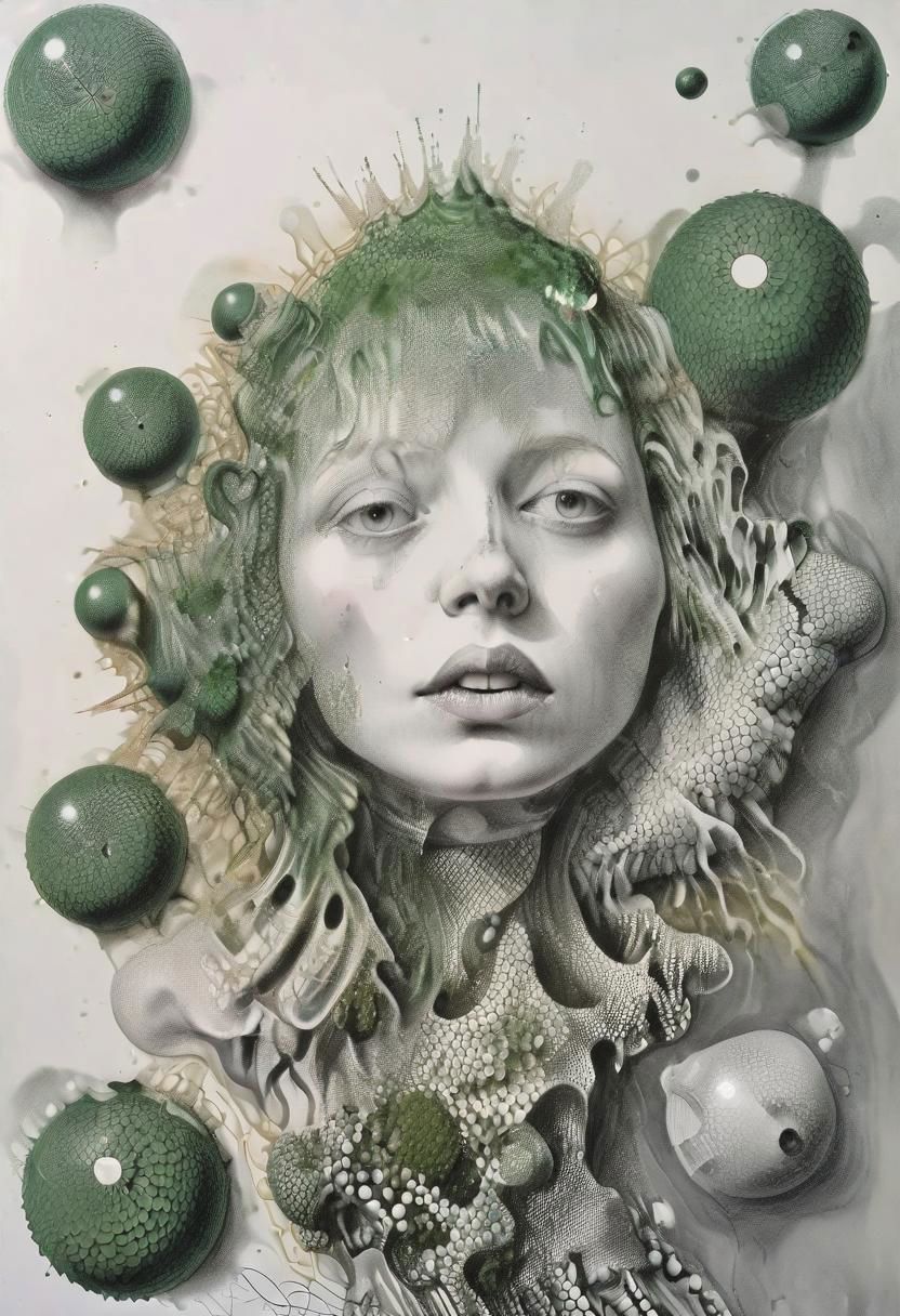 raw sketch of interwoven concrete cement pebbles cob cobblestone shell fishscales snakeskin, melting flesh covered in moss rot mold bubbles droplets, by Hans Bellmer, by Malevitch, by Kandinsky, Surreal psychedelic bizarre, psychedelic hallucination, pop surrealism, rough crosshatch drawing pop art Lunatic_Portrait of a young woman in latex Avant-garde Fashion page, slick back, low bun, black makeup, sinister expression, intense glare, avant-garde, abstract, weird, geometric, constructivism, suprematism, rayonism, verticism, lineism, tj