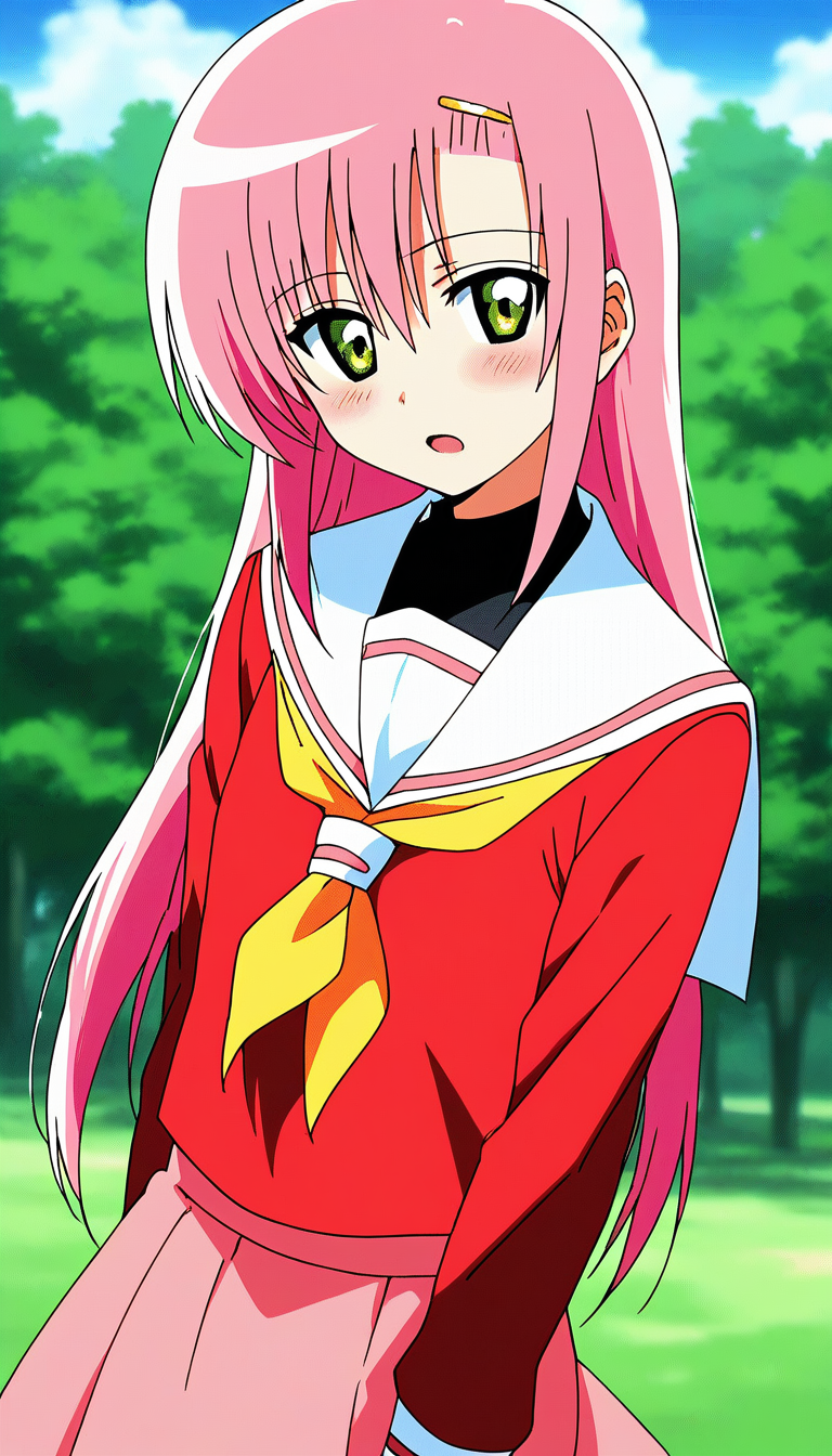 score_9, score_8_up, score_7_up, source_anime, rating_explicit, BREAK  <lora:Katsura_Hinagiku_XL:1>Katsura_Hinagiku, pink hair, long hair, Yellow green eyes, hairclip, small breasts, school uniform, red serafuku, pink skirt,
 blush,  looking at viewer, upper body, open mouth, :o, neckerchief, white sailor collar, sailor collar
blue sky, outdoor, day, grass,
2010s \(style\), anime, anime_screencap, animated gif, mp4 ,video, animated,