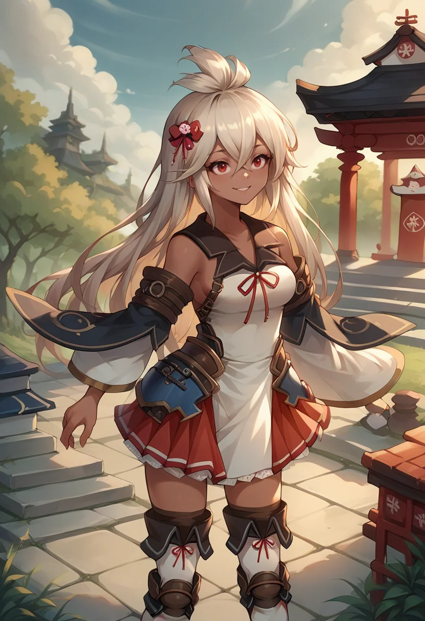 score_9, score_8_up, source_anime, 1girl, solo, ZooeyEvent, dark skin, long hair, ahoge, hair bow, nontraditional miko, detached sleeves, wide sleeves, bare shoulders, red ribbon, thigh boots, white boots, outdoors, shrine, temple, smile, <lora:ChamZooeyGBPonyXL:1>