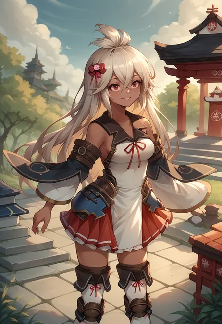 score_9, score_8_up, source_anime, 1girl, solo, ZooeyEvent, dark skin, long hair, ahoge, hair bow, nontraditional miko, detached sleeves, wide sleeves, bare shoulders, red ribbon, thigh boots, white boots, outdoors, shrine, temple, smile, <lora:ChamZooeyGBPonyXL:1>