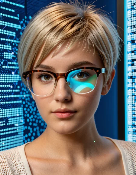 sorelle_wren, a 19-year-old Caucasian woman with soft fair skin, petite hourglass body, large perky natural breasts (1.3), short ash blonde pixie cut with textured layers and side-swept bangs,, Professional photo. 1Girl. Curious expression, eyes focused on data, laboratory setting with digital screens. Sleek lush Angled bob cut hair style. Soft highly detailed beautiful expressive eyes, smooth skin with a slight glow under artificial light. Sleek smart-casual attire with futuristic digital glasses, surrounded by floating holographic data and 3D molecular models. Warm light reflecting off screens. Close-up, face focus. Photorealistic, Natural atmospheric lighting, intricate details, 35mm photograph, film, professional, 4k visuals, highly detailed, elegant, studio quality. <lora:(Edit)_add-detail-xl:1> <lora:Sorelle_Wren-000008:1>