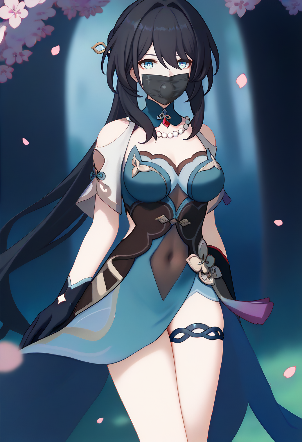 score_9, score_8_up, score_7_up, score_6_up, score_5_up, score_4_up,
1girl, ruan mei \(honkai: star rail\), elbow gloves, dress, hair ornament, thigh strap, covered navel, 
outdoors, solo, cowboy shot, nature, cherry blossoms, dappled sunlight, straight-on, mature female, looking at viewer, 
stuffed tape gag,
<lora:ruanmeiponyxl-03:1> <lora:stuffedtapegagponyxl-20:1> <lora:banishponyxl1:1.5>