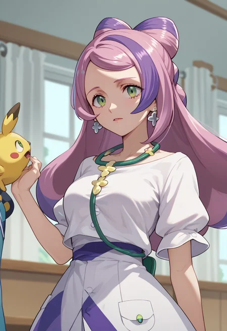 score_9, score_8_up, score_7_up, anime screencap, ,miriam_pokemon, long_hair, purple_hair, pink_hair, multicolored_hair, green_eyes