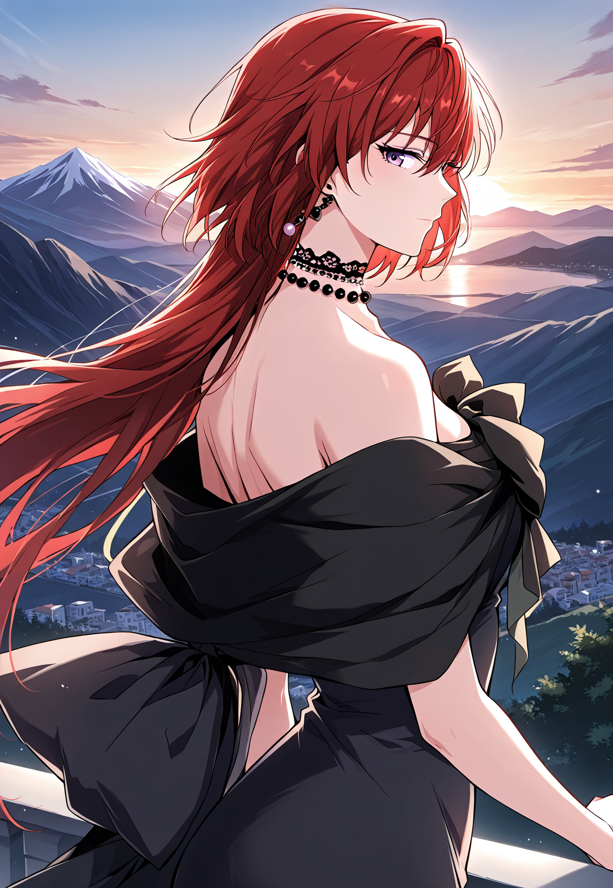 <lora:Claire_Bladeheart_v2__The_Beginning_After_the_End__Illustrious-000006:1>
1 girl, solo, elegant woman, short red hair, long red hair, purple eyes, 
black off-shoulder dress, large bow on chest, pearl necklace, black choker, dangling earrings, slim waist
score_9, score_8_up, score_7_up, source anime, BREAK, cowboy shot, (from side), looking back, looking at viewer, overlooking mountain, high altitude, scenery, exterior, background,
