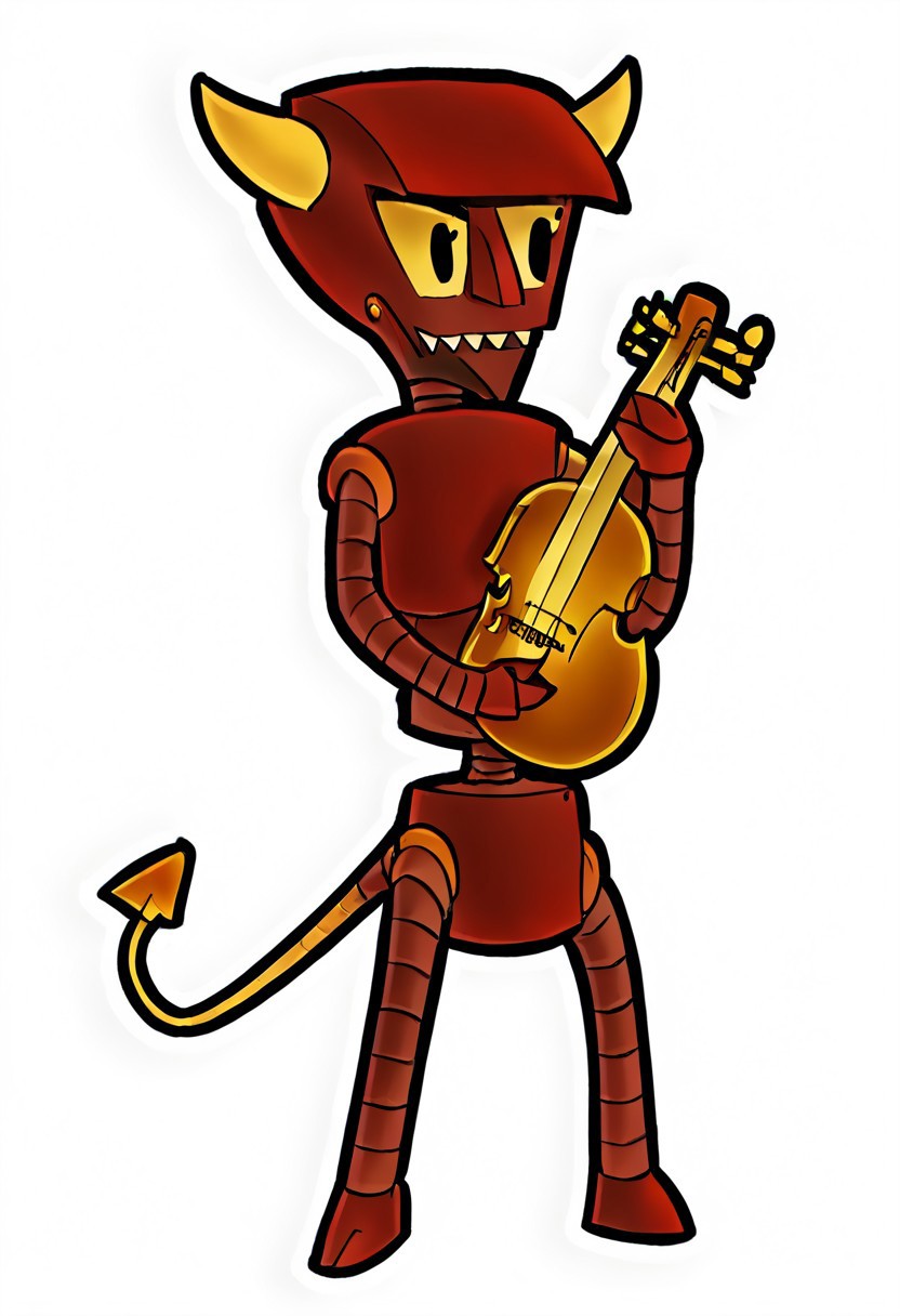 score_9, score_8_up, score_7_up, b33lz3b0t, robot, tail, Black eyes, chibi, full body, holding, instrument, violin