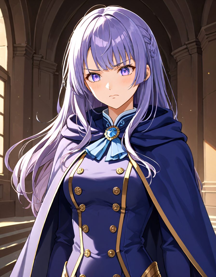 anime style, beautiful Logical Woman, Rectangle Body, Copper-Toned Skin skin, beautiful detailed Short Chin Face, Indigo eyes, Pale Purple gradient Long Side Bangs hair, Disgusted, Stonewashed Blue Minimalist Lines Cape Top, best quality, ultra-detailed, sharp intricate details