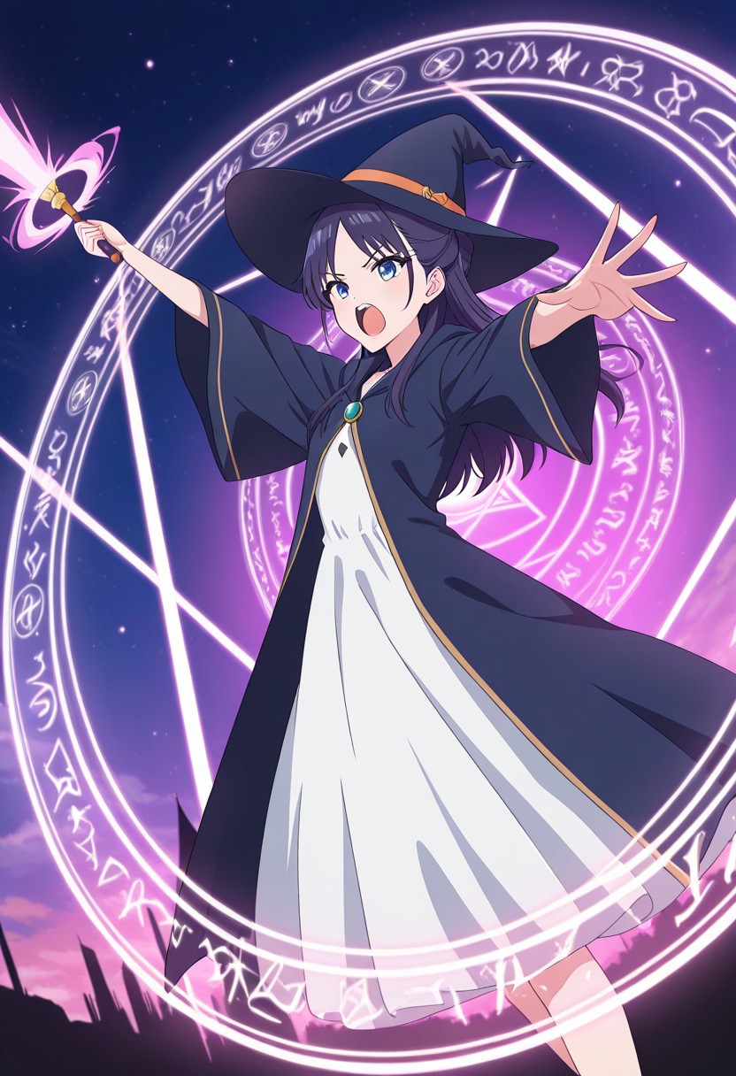 (absurdres, best quality, masterpiece:1.4), amazing quality, highres, newest, detailed, detailed body, detailed face, source anime, anime coloring, beautiful, dynamic background, petite, magic circle, magic spell, unique perspective, dutch angle,
BREAK
WWNemu, 1girl, solo, shouting, NemuAniHu, dark purple hair, parted bangs, half updo,, blue eyes, witch hat, robe, white inner dress, outstretched arm, holding wand, aiming, magic beam