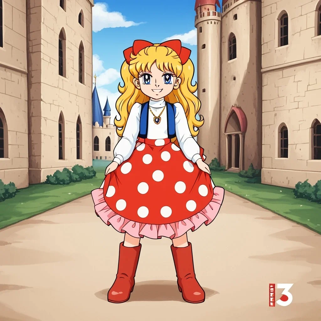 1girl, solo, Angie, blonde hair, blue eyes, long hair, bow, hair bow, red bow, vest, necklace, jewelry, long sleeves, dress, turtleneck, frills, skirt, polka dot skirt, boots, red footwear, smile, full body, standing, castle, front view
