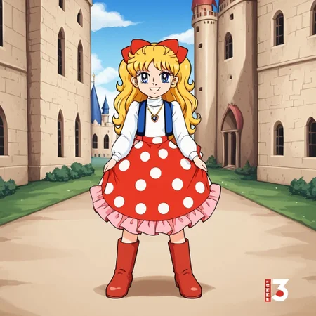 1girl, solo, Angie, blonde hair, blue eyes, long hair, bow, hair bow, red bow, vest, necklace, jewelry, long sleeves, dress, turtleneck, frills, skirt, polka dot skirt, boots, red footwear, smile, full body, standing, castle, front view