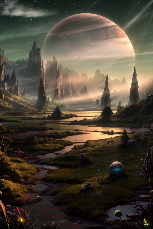 masterpiece, best quality, Rocky mountains stretch upwards in thin peaks into the greenish sky of an alien planet, at the foot of the mountains greenish snow is visible, in the foreground there is a small lake with muddy water, above the lake there is a light greenish haze. A gas giant planet is visible in the sky,  Matte painting, artstation, 4k, high resolution, (masterpiece:1.2), best quality