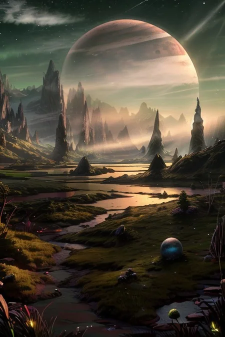 masterpiece, best quality, Rocky mountains stretch upwards in thin peaks into the greenish sky of an alien planet, at the foot of the mountains greenish snow is visible, in the foreground there is a small lake with muddy water, above the lake there is a light greenish haze. A gas giant planet is visible in the sky,  Matte painting, artstation, 4k, high resolution, (masterpiece:1.2), best quality