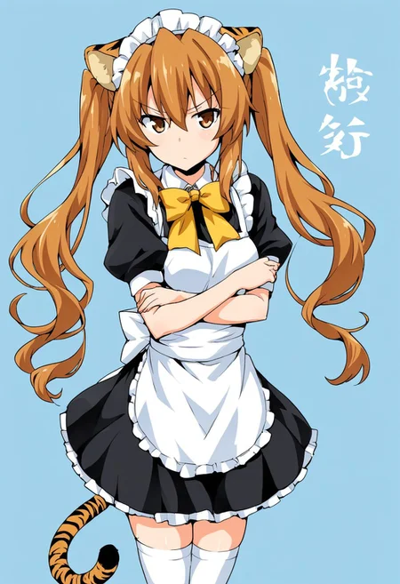 takeda hiromitsu, aisaka taiga, toradora!, 1girl, animal ears, apron, bell, black skirt, blue background, bow, bowtie, brown eyes, brown hair, character name, closed mouth, crossed arms, hair between eyes, jingle bell, light blush, long hair, looking at viewer, maid, maid apron, maid headdress, pout, short sleeves, signature, skirt, solo, standing, tail, thighhighs, tiger ears, tiger tail, twintails, v-shaped eyebrows, white thighhighs, yellow bow