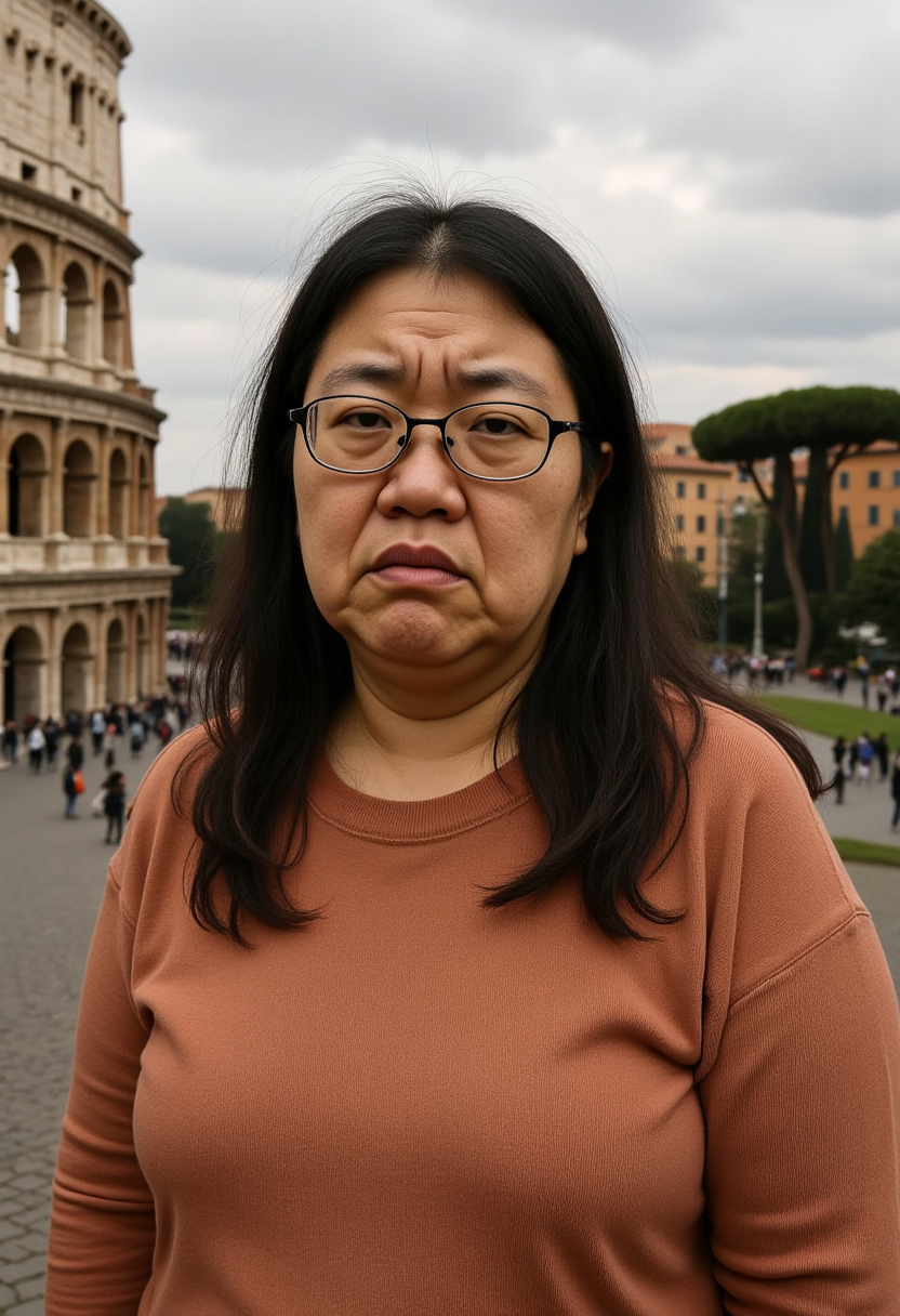 a woman wearing glasses standing in front of the Colosseum in Rome, Italy. She is surrounded by a group of people, trees, and buildings, with a cloudy sky in the background.