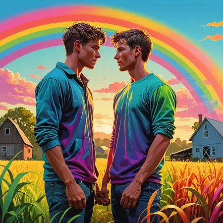 two athletic young adult men sharing an intimate moment on a farm, wind gush, short hair, silhouette, vibrant rainbow neon color, English countryside, vegetation, illustration, cartoon, highly detailed, high quality,
