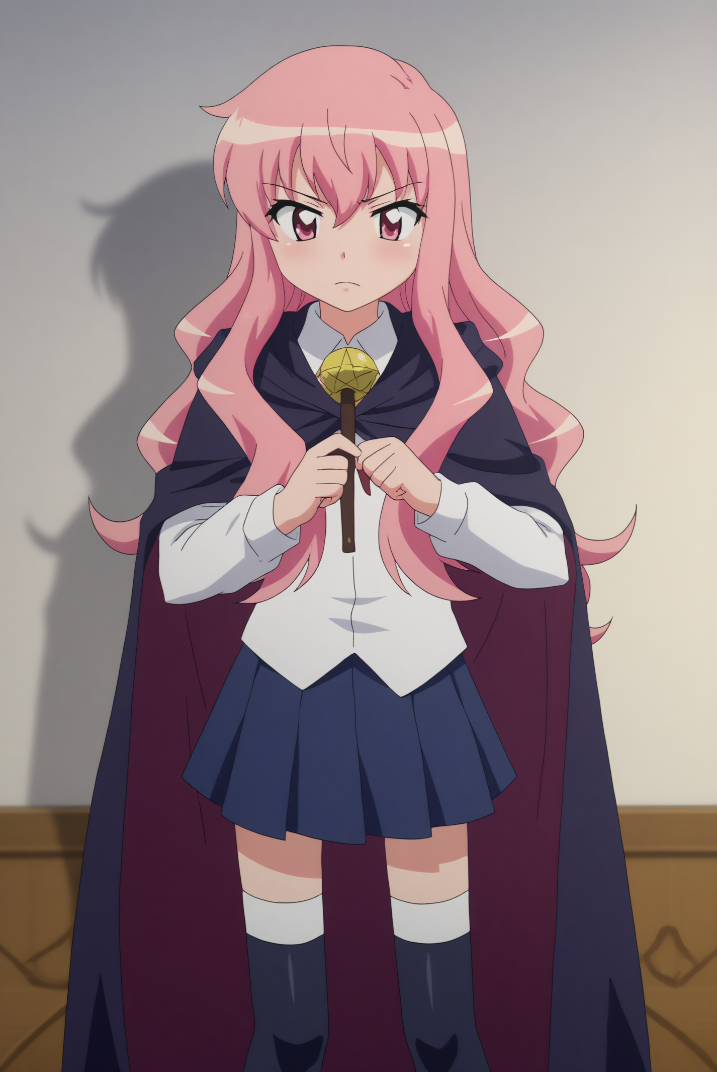louise, pentacle, cape, holding mage wand, solo <lora:Zero_no_Tsukaima-louise-PDXL:0.8>