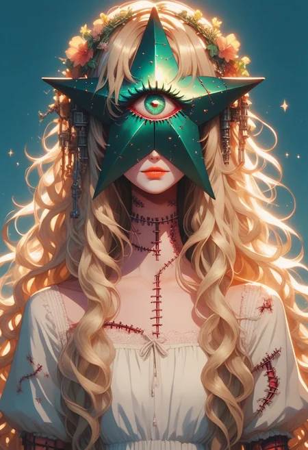 score_9, score_8_up, score_7_up, masterpiece, best quality, medium shot, beautiful mostrochan, blonde, long hair, blood-injected eye, body stitches