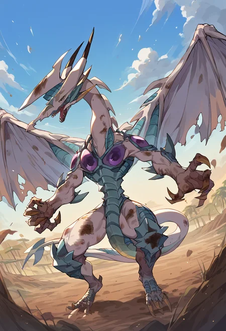 score_9,score_8_up,score_7_up,source_anime,zPDXL3,savanna landscape,
*//*,<lora:StardustDragon_Pony:1>,stardustdragon_ygo,no humans,solo,duel monster,dragon,wings,tail,claws,horns,(dirty,dirty face, dirty body:1.1),
*//*,looking at viewer,cowboy shot,dutch angle,