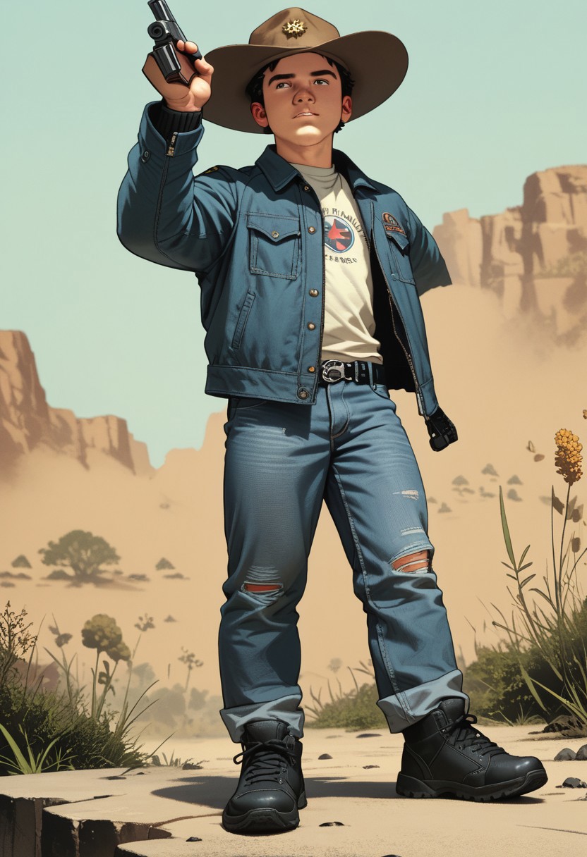 score_9, score_8_up, score_7_up, masterpiece-level, highly detailed, carlgrimescomic, 1boy, solo, male focus, front view, hat, cap, gun, denim, jacket, black eye, black hair, shoes