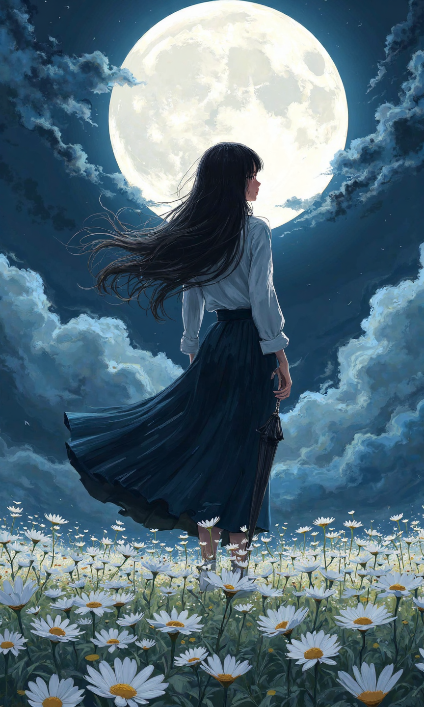 Medium shot, digital painting with visible brushstrokes and anime-inspired background art style, a woman is appearing from the back, body pose is standing facing away from the camera with a slight tilt to the left, looking towards the moon which is positioned in front of her, body is straight up and down, large circular white moon in the upper right, woman's vertical figure centered in the image, horizontal field of white flowers filling the lower part, diagonal dark blue clouds in the upper left and top, woman's long black hair creating a dominant flowing shape that starts from the top of the head and cascades down to fill the central part of the image in a wave-like form, wearing a light gray long-sleeved top and dark blue long skirt, holding a black umbrella in the right hand positioned behind her back, background is a dark blue night sky with a large white moon in the upper right, duo color of dark blue and light blue clouds, field of white flowers with duo color of yellow centers and green stems in the foreground, moonlight casting soft highlights and shadows., <lora:FLUX-daubrez-DB4RZ-v2:0.35> DB4RZ, DB4RZ style painting
<lora:aidmaMJ6.1_v0.5_3:0.35> aidmamj6.1, aidmamj6
 <lora:samdoesarts:0.4>
