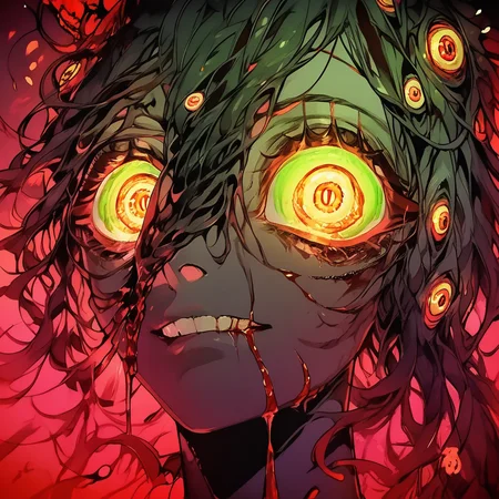 score_9, score_8_up, score_7_up, score_6_up,Madness,1girl,solo,looking at viewer,green eyes,yellow eyes,teeth,blood,glowing,portrait,horror (theme),eye focus,
<lora:MadnesStyle:0.81>