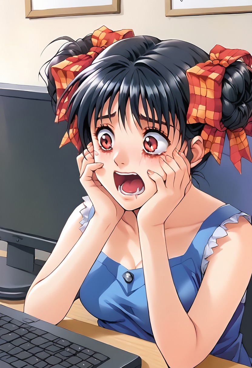 ASCII 1girl,<lora:pony_xl_narusawa:0.8>,narusawa,score_9,score_8_up,score_7_up,source_anime,black hair,
solo, 
a computer with monitor, looking at computer, scared,open mouth, terrified,hands in face,
 breasts<lora:breastsizeslideroffset:0.3>sitting, in the bedroom,