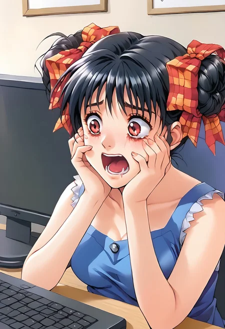 ASCII 1girl,<lora:pony_xl_narusawa:0.8>,narusawa,score_9,score_8_up,score_7_up,source_anime,black hair,
solo, 
a computer with monitor, looking at computer, scared,open mouth, terrified,hands in face,
 breasts<lora:breastsizeslideroffset:0.3>sitting, in the bedroom,