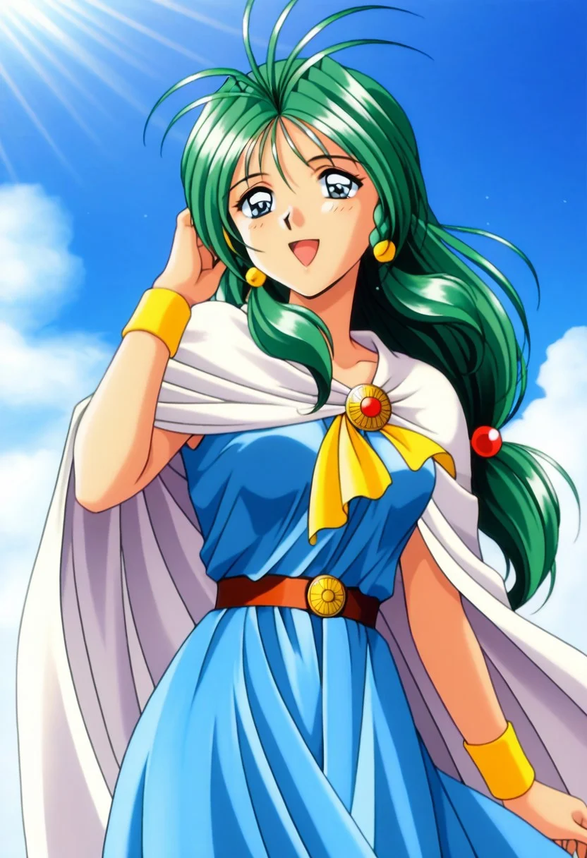 masterpiece, best quality, amazing quality, very aesthetic, high resolution, 1girl, cowboy shot, anime-style, digital art, high resolution, cute girl, smiling, sunlight, bright, clear sky, blue sky, clouds, daytime, outdoor, wind blowing her hair, dynamic pose, cheerful mood, light reflections, detailed background, high quality, beautiful, attractive, light rays, bright lighting, sky, joyful, happy, energetic, bright atmosphere, detailed shading, anime aesthetics, vibrant, lively, braid, jewelry, belt, cape, blue dress, wristband, retro artstyle, 1990s \(style\),
clairemm, blue eyes, green hair, antenna hair, long hair, low-tied long hair, hair bobbles, medium breasts, mature female,