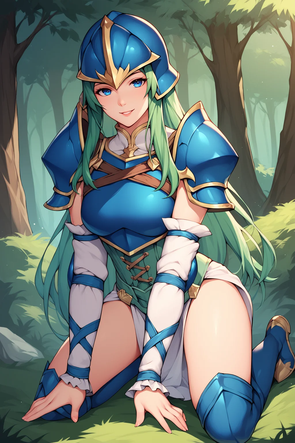 score_9, score_8_up, score_7_up, score_6_up, BREAK, NepheneeFEXL, blue eyes, green hair, long hair, sidelocks, medium breasts, blue armor, blue helmet, shoulder armor, breastplate, green corset, green loincloth, white sleeve, detached sleeve, guantlets, white skirt, blue thigh boots, solo, all fours, seductive smile, looking at viewer, forest, tree <lora:NepheneeFEXL:0.8>