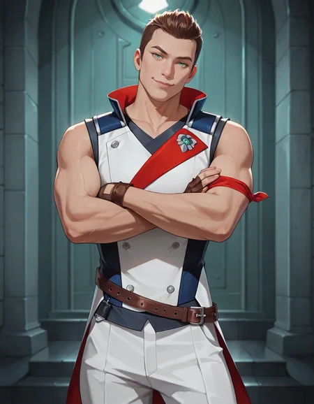 masterpiece, best quality, newest, perfect quality, best quality, detailed background, intricate details, male focus, solo, realistic, <lora:RWBY - Clover Ebi - Illustrious-000006:0.7>, cloverebi, 1boy, brown hair, very short hair, green eyes, sleeveless coat, single red armband, brown fingerless gloves, brown belt, white pants, standing, crossed arms, head tilt, smirk, looking at viewer