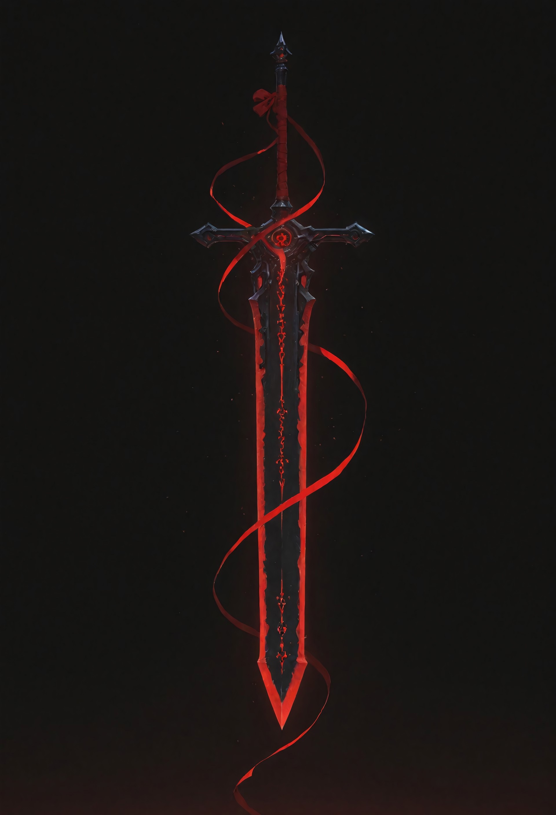 lazypos, vera_awa, EdgeOfAvarice, greatsword, glowing red runes, dark fantasy, demonic weapon, elegant, single weapon, extremely high detail, glowing runes, power, flowing ribbon, black background, dutch angle, floating, crimson energy 
