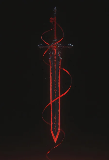 lazypos, vera_awa, EdgeOfAvarice, greatsword, glowing red runes, dark fantasy, demonic weapon, elegant, single weapon, extremely high detail, glowing runes, power, flowing ribbon, black background, dutch angle, floating, crimson energy 
