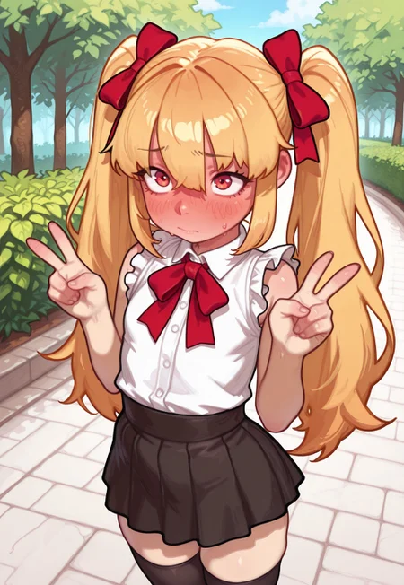4k, fine detail, high quality eyes, masterpiece, best quality, amazing quality, geh1, 4s0r4, eigaka, possmach, artist:moriimee, 1 girl, solo girl, young, celica, twintails, bangs, hair between eyes, very long hair, blonde hair, red eyes, skirt, thighhighs, bow, red bow, sleeveless, black skirt, shirt, pleated skirt,  black thighhighs, white shirt, hair bow, sleeveless shirt,  frills, bowtie, upper body, shy, very shy, blush, full face blush, double v, outdoors, day