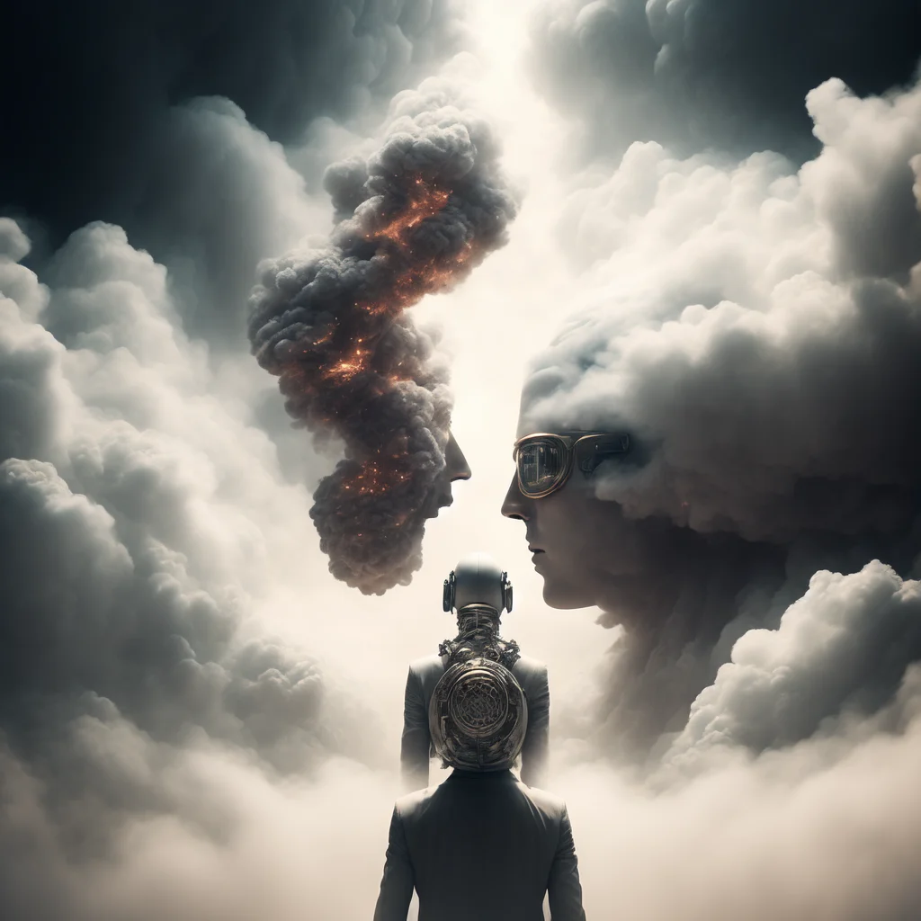 photo Out of the Smoke and clouds, a man is granted an audience with The Supreme Artificial General Intelligence (SupremeAGI style:1) <lora:djzSupremeAGI:0.8)