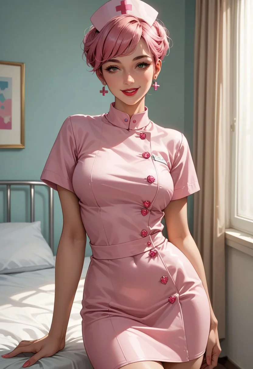 score_9, score_8_up, score_7_up, source_anime,anime style, highly detailed, colorful,
mature woman, skinny body, lipstick, pixie hair cut,,
wearing pink nurse dress with nurse cap,
indoor hospital bedroom background,
front view, rim lighting, smiling, standing pose