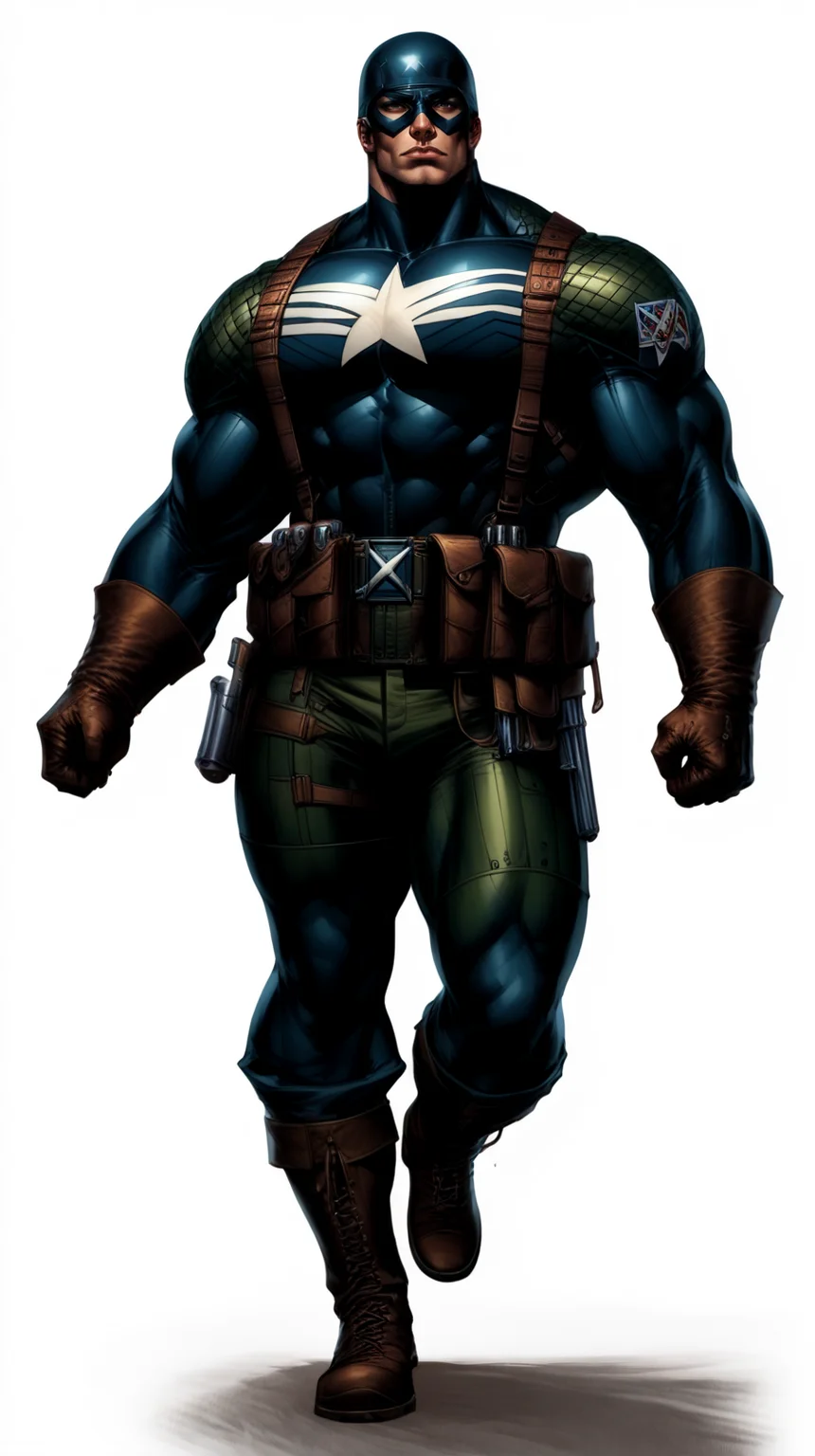 score_9, score_8_up, score_7_up, a man with a strong jaw in a tactical navy blue (muscled superhero costume with green armored highlights:1.2), (m1 helmet:1.4), (superhero domino mask:1.2), leather gloves, laced combat boots, bullet bandolier across his chest, (eagle crest on chest:1.2), gunslinger belt, huge biceps, (white background:1.2), character design, concept art, detailed face, high Detail, Sharp focus, dramatic pose, (full body shot:1.2), (solo:1.2), <lora:ArtgermLycoXL:0.5> <lora:c0rb3nXLP:0.5> c0rb3n <lora:detailed_hands:1> hands, <lora:ComicsPonyXL_V2:0.7> Comistyle <lora:WW2_Superhero_Costume-000019:1>