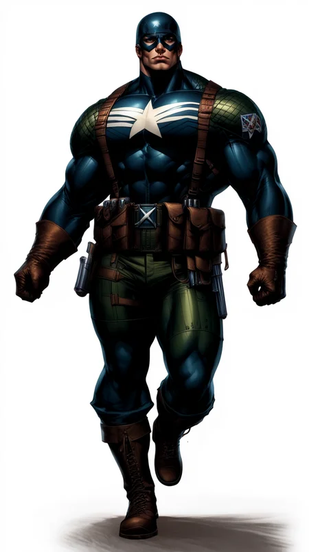 score_9, score_8_up, score_7_up, a man with a strong jaw in a tactical navy blue (muscled superhero costume with green armored highlights:1.2), (m1 helmet:1.4), (superhero domino mask:1.2), leather gloves, laced combat boots, bullet bandolier across his chest, (eagle crest on chest:1.2), gunslinger belt, huge biceps, (white background:1.2), character design, concept art, detailed face, high Detail, Sharp focus, dramatic pose, (full body shot:1.2), (solo:1.2), <lora:ArtgermLycoXL:0.5> <lora:c0rb3nXLP:0.5> c0rb3n <lora:detailed_hands:1> hands, <lora:ComicsPonyXL_V2:0.7> Comistyle <lora:WW2_Superhero_Costume-000019:1>