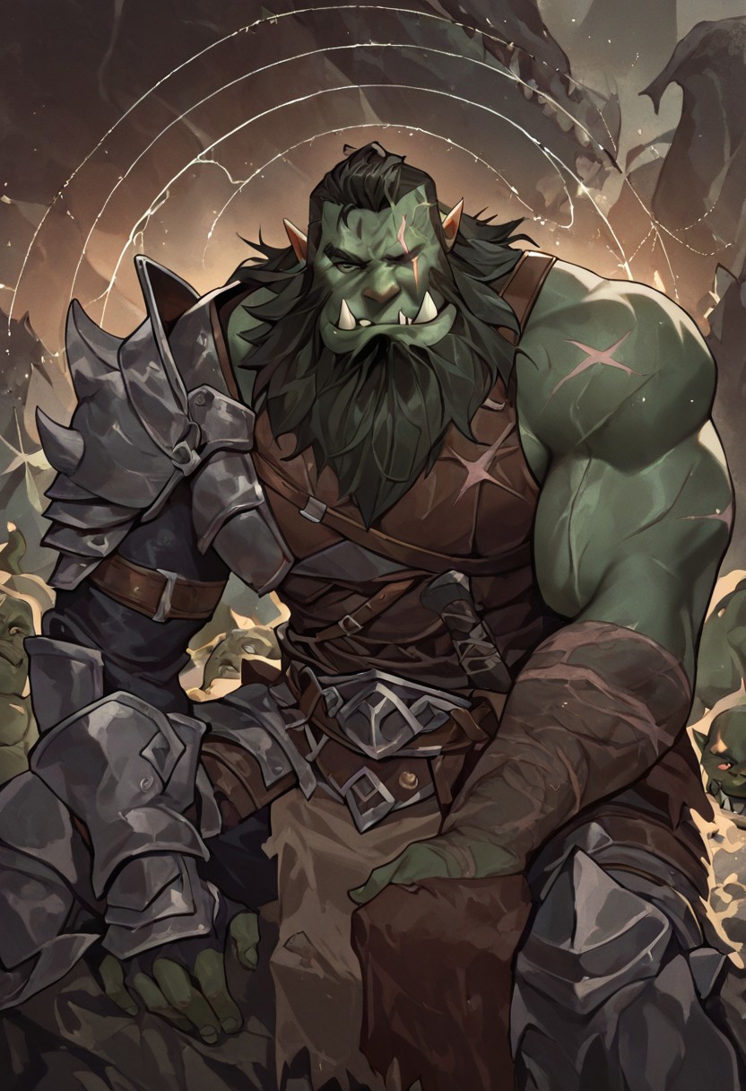 masterpiece, best quality, newest, absurdres, highres, 
DTILV1.0, Tarot, Tarot card,
1boy, orc, armor, tusks, muscular male, beard, facial hair, scar, scars, scar