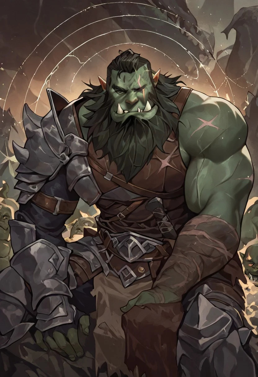 masterpiece, best quality, newest, absurdres, highres,
DTILV1.0, Tarot, Tarot card,
1boy, orc, armor, tusks, muscular male, beard, facial hair, scar, scars, scar