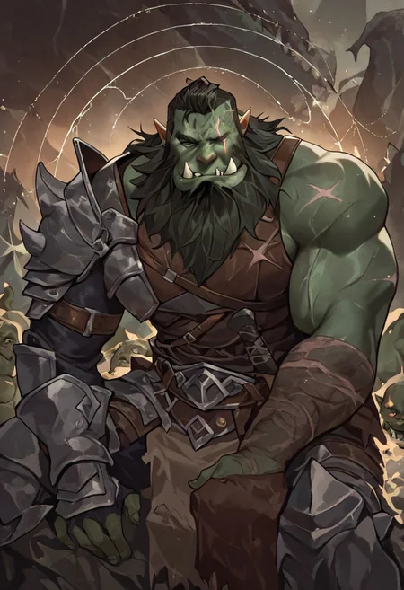 masterpiece, best quality, newest, absurdres, highres,
DTILV1.0, Tarot, Tarot card,
1boy, orc, armor, tusks, muscular male, beard, facial hair, scar, scars, scar